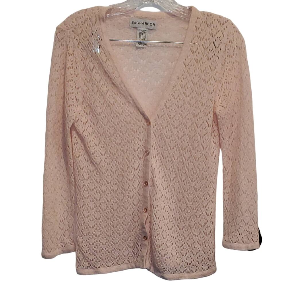 Sag Harbor Knit Full Front Button Down Open Knit Cardigan Sweater Size Small